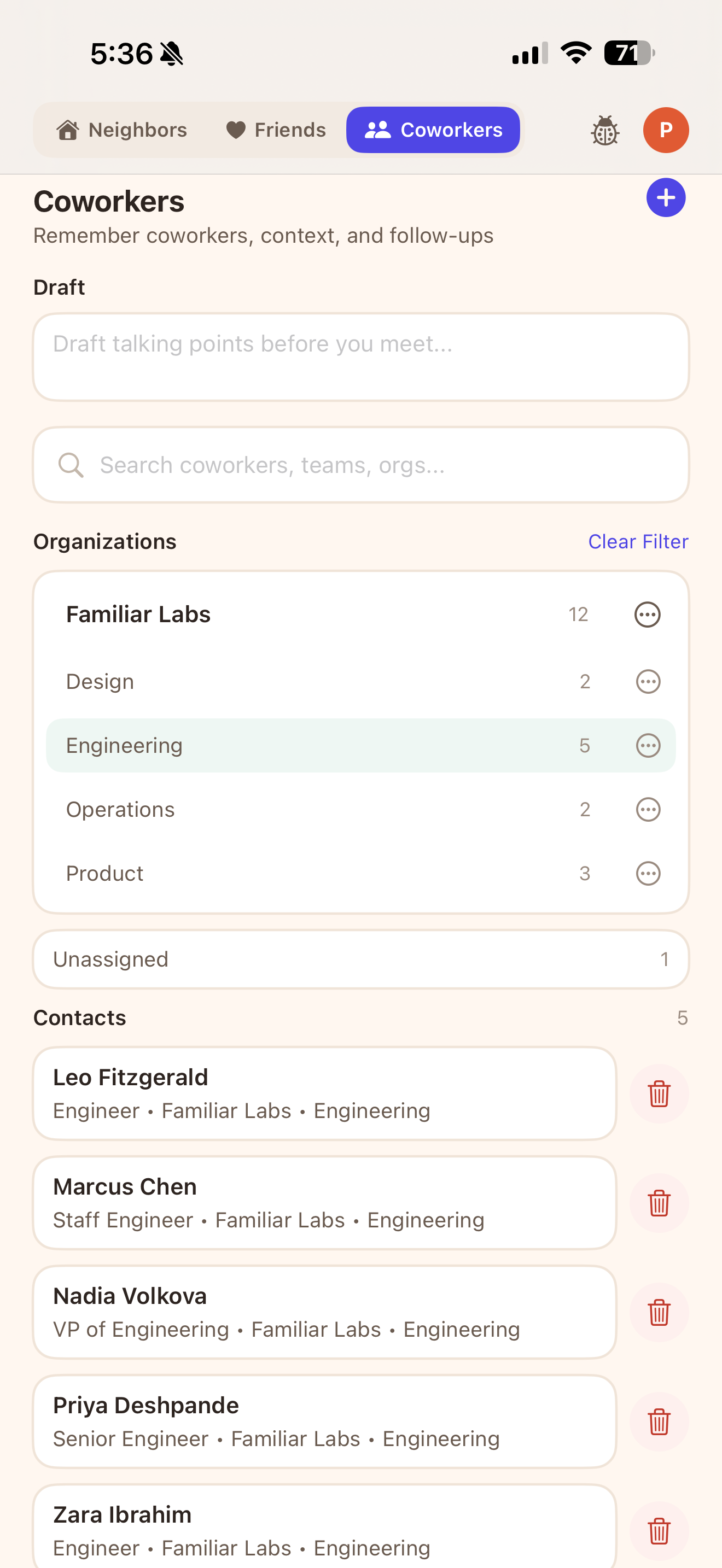 Coworkers mode showing organizations, teams, and contacts