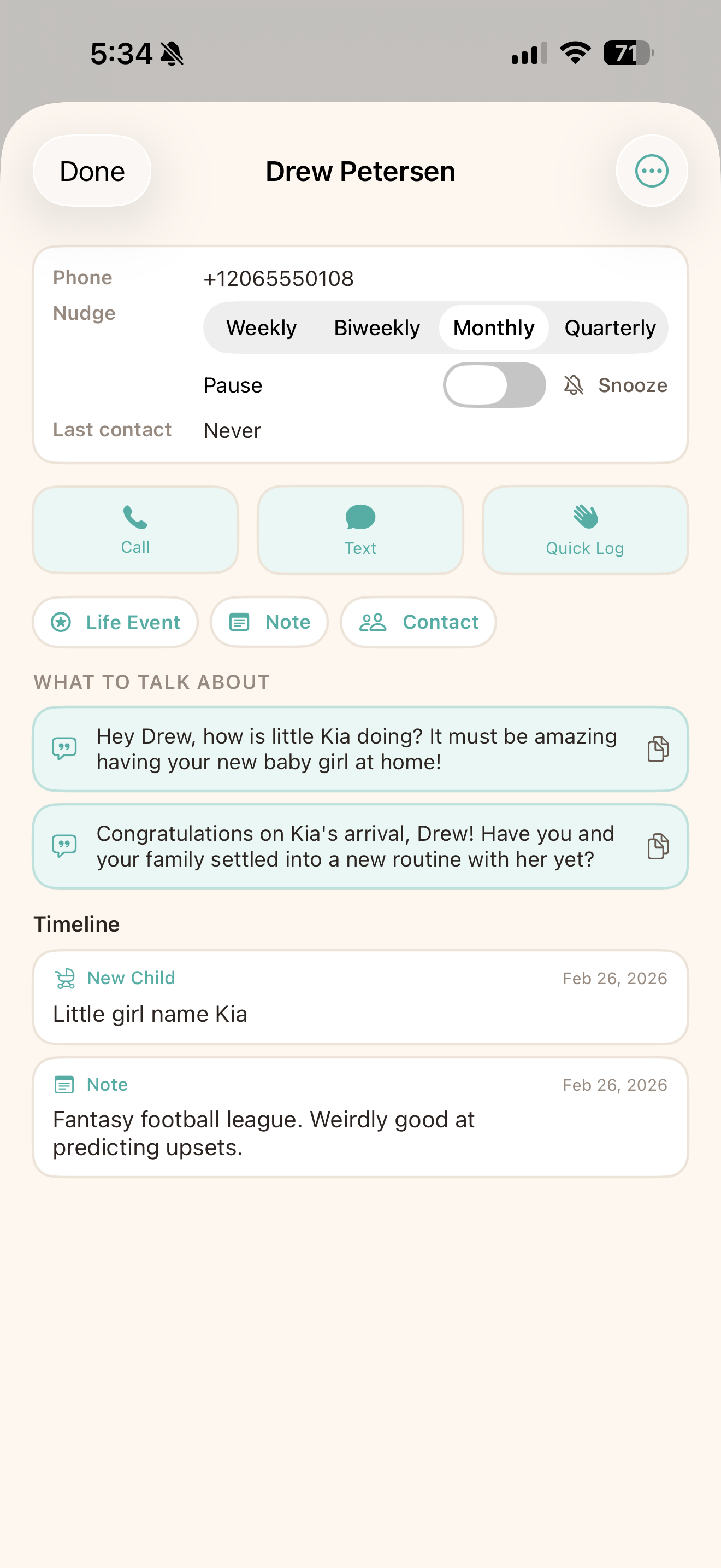 Friend detail with contact info, nudge settings, and timeline