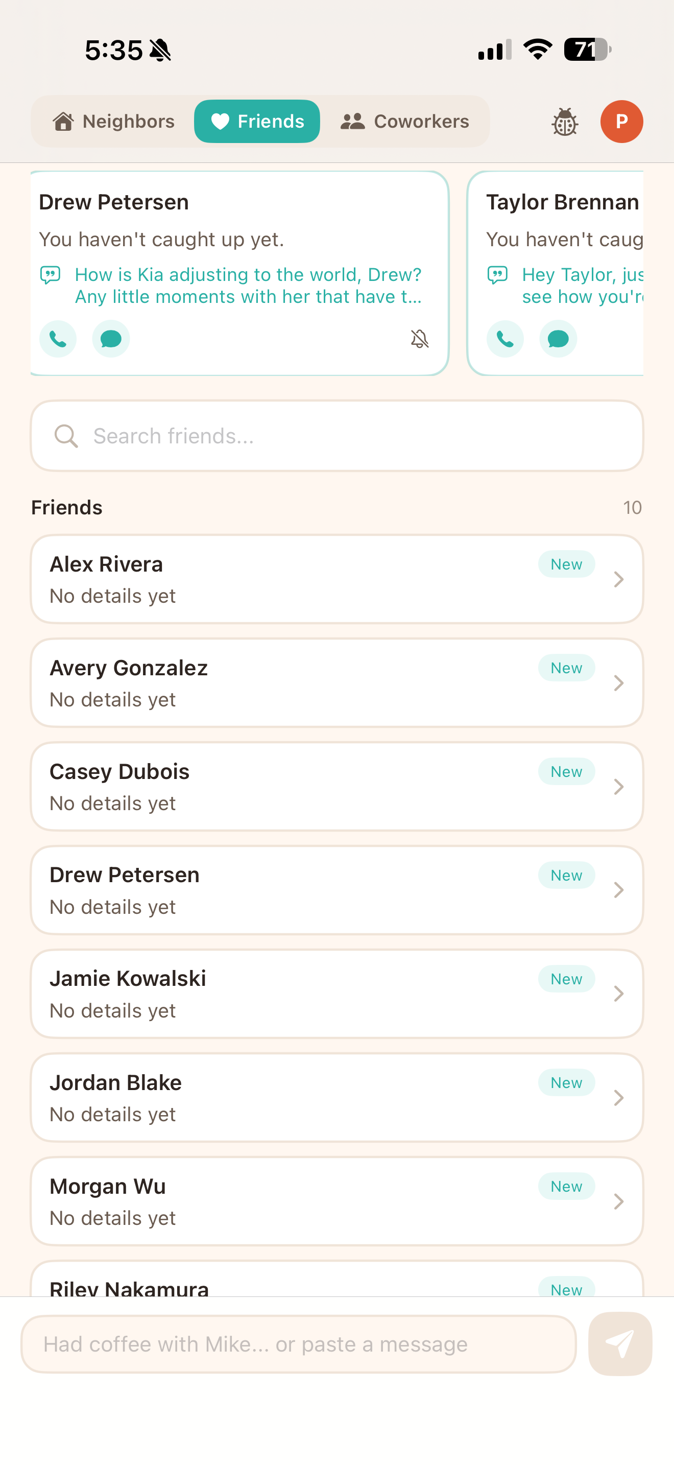 Friends list with nudge reminders and conversation starters