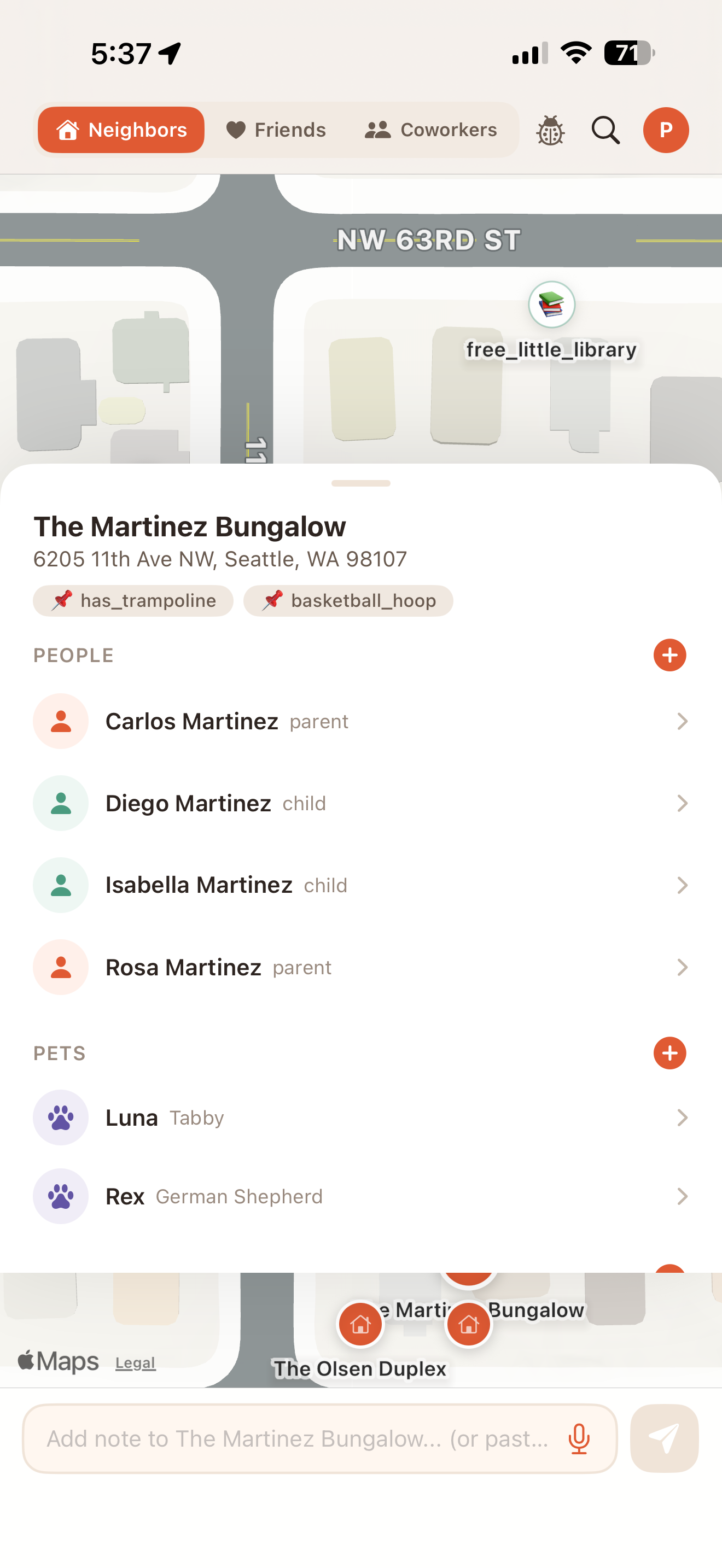 House detail showing people, pets, and tags