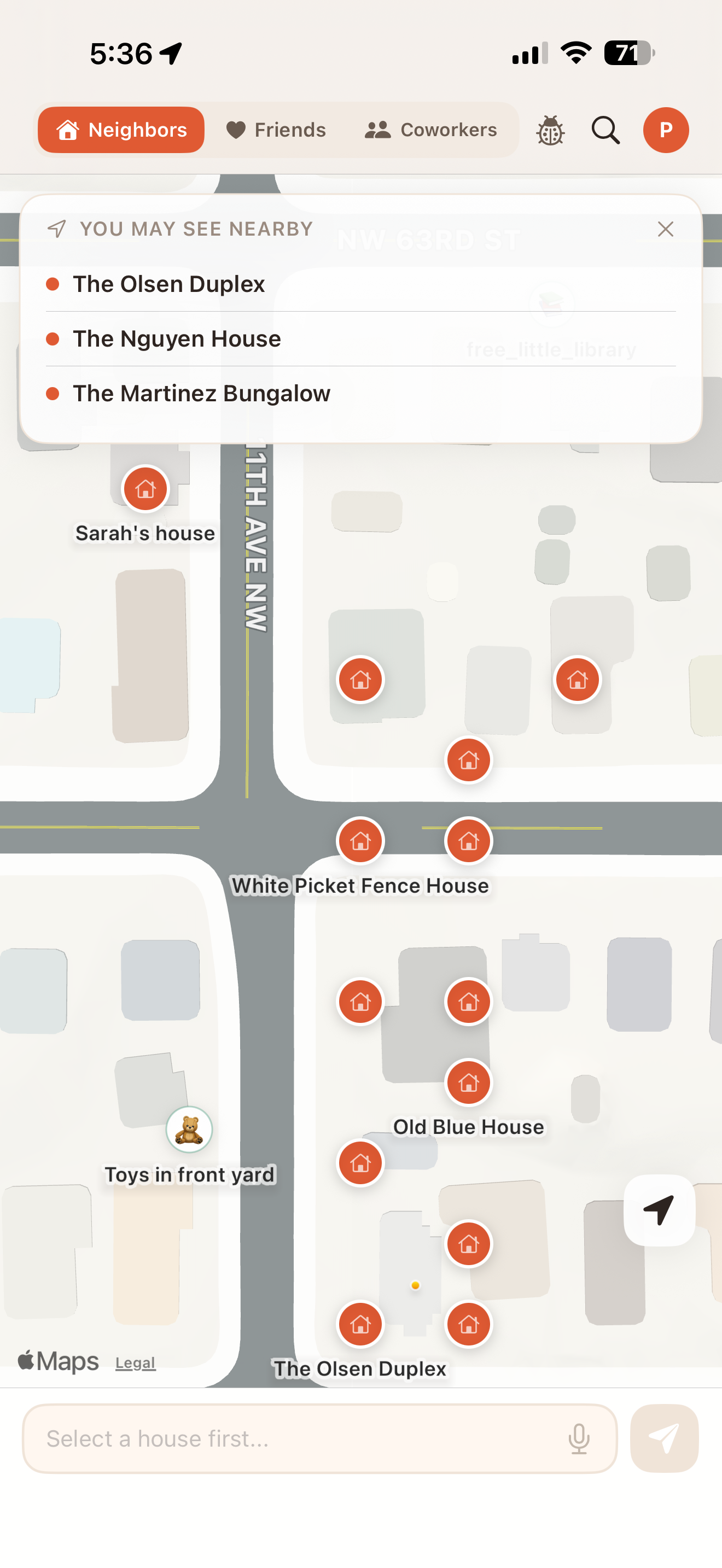 Neighborhood map view showing houses pinned on a real map